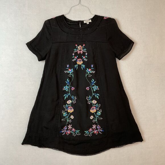 Umgee Mini Dress Womens S Black Floral Embroidered Short Sleeve Boho Lined - Picture 1 of 10